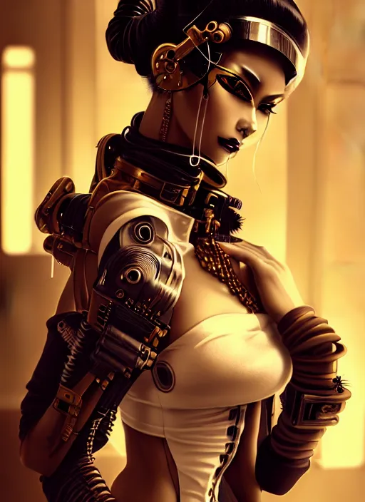 Prompt: soft lustrous ebony seductive geisha raver gutter punk steampunk cyborg, golden ratio, details, scifi, fantasy, cyberpunk city, intricate, decadent, highly detailed, digital painting, octane render, artstation, concept art, smooth, sharp focus, illustration, art by artgerm, loish, wlop