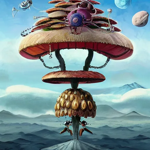 Image similar to On the morning of the robot queen's coronation, The Mekanik Doll, an elderly mushroom walking their pet snail, Mount Fuji seen from the International Space Station, the theme of Alice in Wonderland, digital painting, concept art, illustration, deep dark, artstation, intricate, beautiful and thematically complex, ue5, by deiv calviz and bossmonsterbani