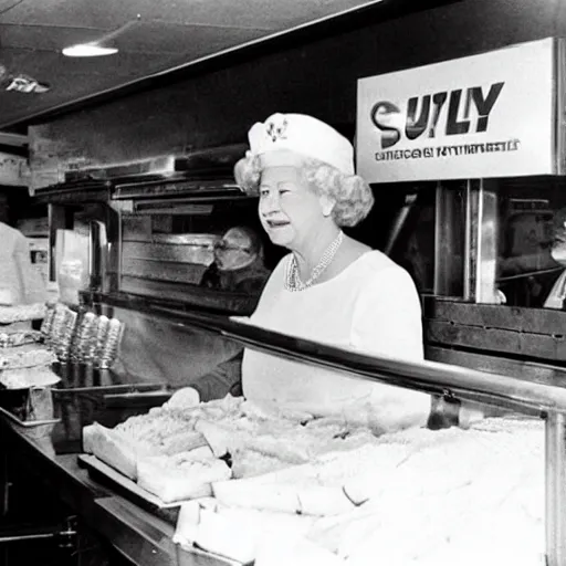 Prompt: queen elizabeth working as a sandwich artist at subway
