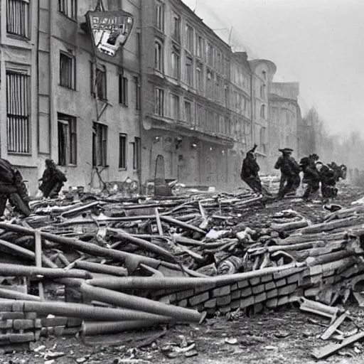 Image similar to Minions barricade themselves on Berlin preparing for the defense of the city against the soviets, Berlin's last stand, second world war, 1945, award winning, historical footage