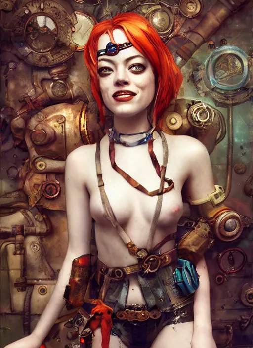 Prompt: underwater steampunk portrait of emma stone as harley quinn, hyper detailed, digital art, cinematic lighting, studio quality, smooth render, octane rendered, art style by klimt and nixeu and ian sprigger and krenz cushart.