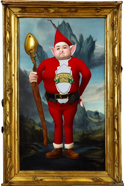 Image similar to high fantasy elf mall cop with a sheriff's badge that is fat, shifty, 1500s Oil Portrait, Carvagio