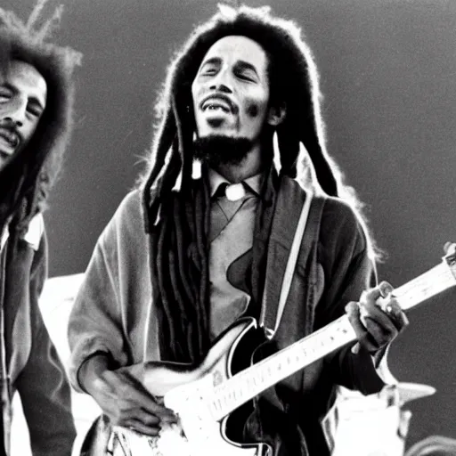 Image similar to bob marley performing at coachella with freddie murphy from queen, photo, concert