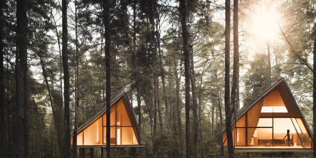 Image similar to minimal modernist a - frame house in the woods, beautiful lighting, volumetric, cinematic lighting, corona, detailed, symmetrical, minimal, clean