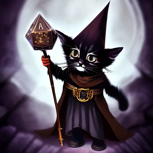 Image similar to a kitten wearing wizard robes and wizard hat, dungeons and dragons character art, dark, magic, key visual, posing, noble, full body portrait, high resolution, detailed, inspiring, award - winning, clear, crisp, sharp