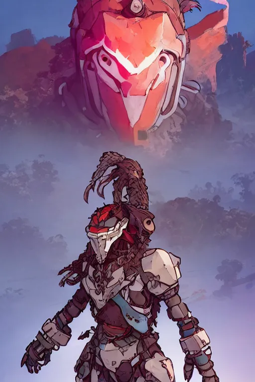 Image similar to combination suit armor aloy horizon forbidden west horizon zero dawn robot ninja mask helmet backpack tribal, art gta 5 comics, official fanart behance hd artstation by jesper ejsing, by rhads, makoto shinkai and lois van baarle, ilya kuvshinov, ossdraws radiating a glowing aura cgi rtx 2 0 2 2