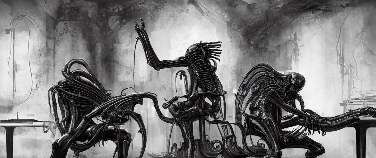 Image similar to duotone noir hyperreal concept illustration of black xenomorph alien machinery engineer sitting in chair by hr giger. cosmic horror atmosphere. accidental renaissance composition. cinematic volumentric lighting. by sachin teng and sergey kolesov and ruan jia and heng z. graffiti art, scifi, fantasy, hyper detailed. octane render. trending on artstation