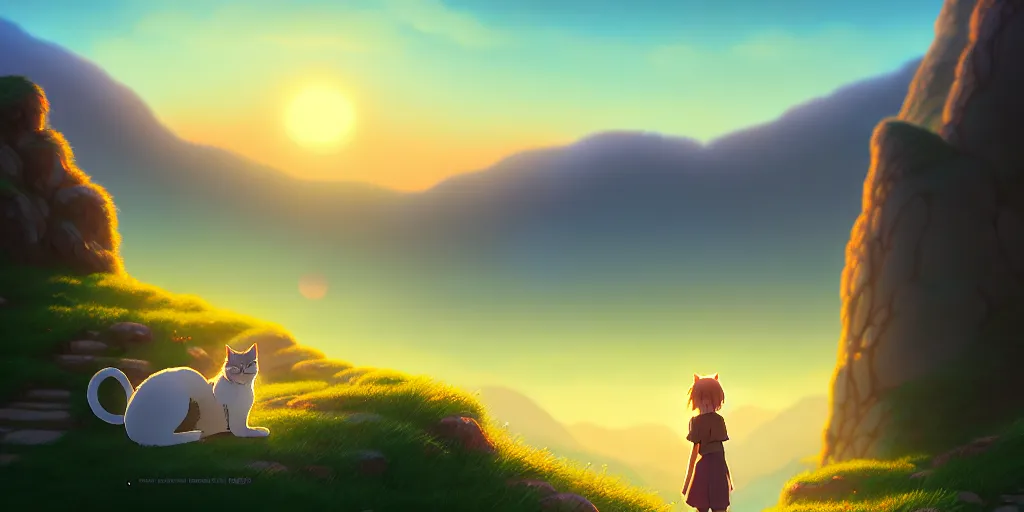 Image similar to the girl and the cat. beautiful sunrise. small village in the mountains. rocky roads. matte painting, anime, studio ghibli. intricate, elegant, super highly detailed, professional digital painting, artstation, concept art, smooth, Unreal Engine 5, Photorealism, HD quality, 8k resolution, cinema 4d, 3D, beautiful, cinematic