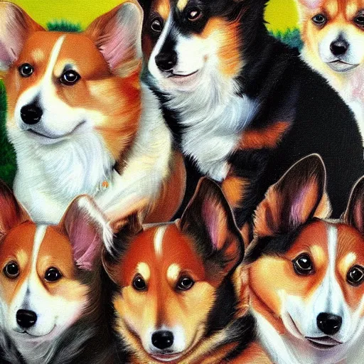 Image similar to highly detailed oil painting of corgis by bosch