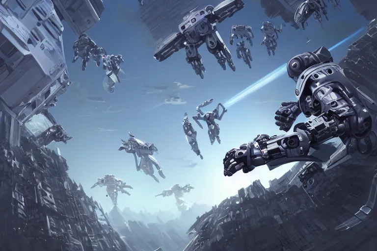Prompt: Robots, cyborgs, androids, cybernetic lifeforms, and genetically-enhanced humanoids barter, brawl, and battle, in the black markets of a flying prison colony high above the clouds of the earth. highly detailed, digital painting, artstation, concept art, smooth, sharp focus, illustration, art by artgerm and greg rutkowski