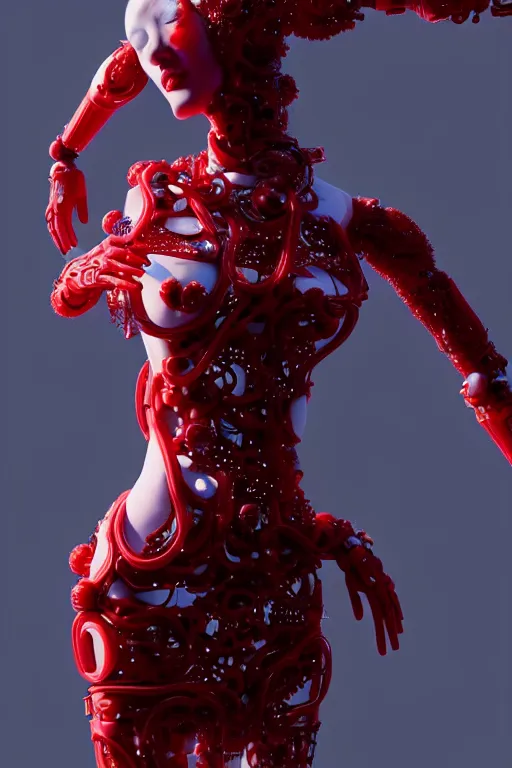 Image similar to a statue made of red marble, of an beautiful chinese girl, full body shot, perfect body, white biomechanical, inflateble shapes, wearing epic bionic cyborg implants, masterpiece, intricate, biopunk futuristic wardrobe, vogue, highly detailed, artstation, concept art, background galaxy, cyberpunk, octane render