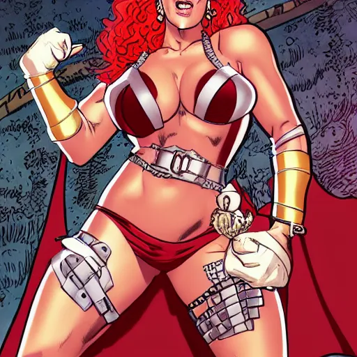 Prompt: precisely drawn illustration of Brigitte Nielsen blended with Red Sonja and Ariana Grande, wide angle, sharp, fine details, French comic style, vibrant realistic colors, full color, heroic fantasy, intense line art, 8k, precise linework, realistic, in the style of Heavy Metal Comics and Richard Corben and Moebius