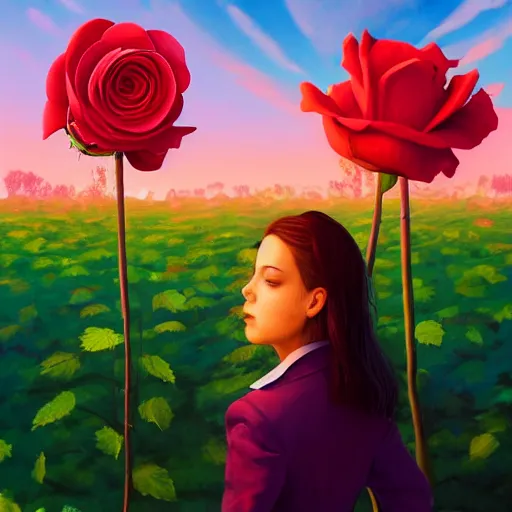 Image similar to closeup, giant rose flower on the head, frontal, girl in a suit, surreal photography, sunrise, blue sky, dramatic light, impressionist painting, digital painting, artstation, simon stalenhag
