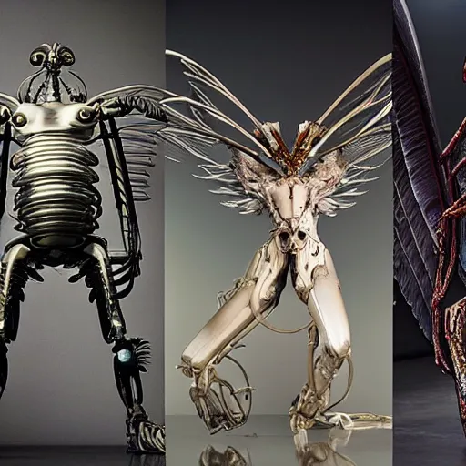 Image similar to still frame from Prometheus movie by Makoto Aida, flying biomechanical angel gynoid by giger, mimicking devil's dragon flower mantis, metal couture by neri oxmn and Guo pei, editorial by Malczewski and by Caravaggio