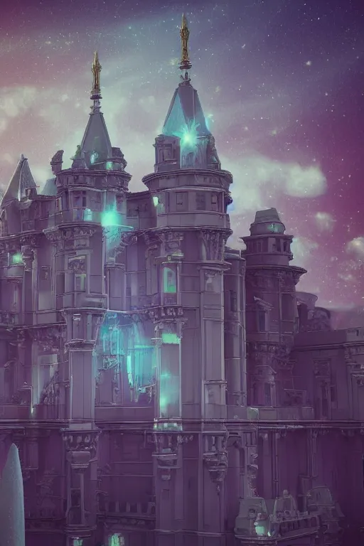 Prompt: multi level baroque castle in space, calm, tranquil, faded effect, detailed, vaporwave colors, render by substance designer