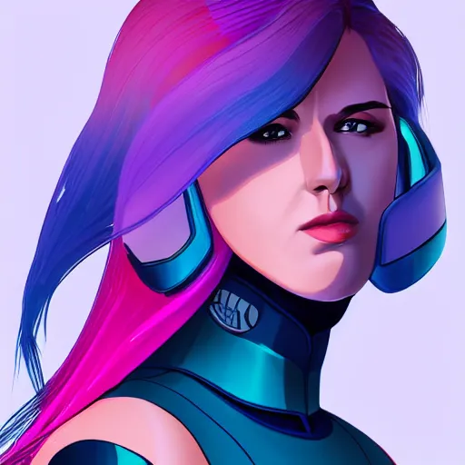 Image similar to a stunning upper body portrait of a beautiful young woman wearing futuristic navy blue and teal battle bodyarmor with shoulder pads, ombre purple and pink hairstyle, hair blowing in the wind, by marvel comics, digital art, trending on artstation