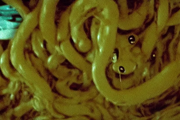 Image similar to scary filmic closeup color ground level angle movie still 35mm film color photograph of a shape shifting abstract alien organism from The Thing 1982 spewing swirling slimey tendrils inside of a child's bedroom, in the style of a horror film