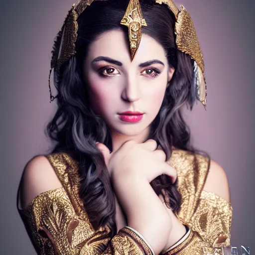 Image similar to photo of a beautiful young greek woman in the costume of a byzantine empress, fashion photo shoot, studio lighting, 4 k