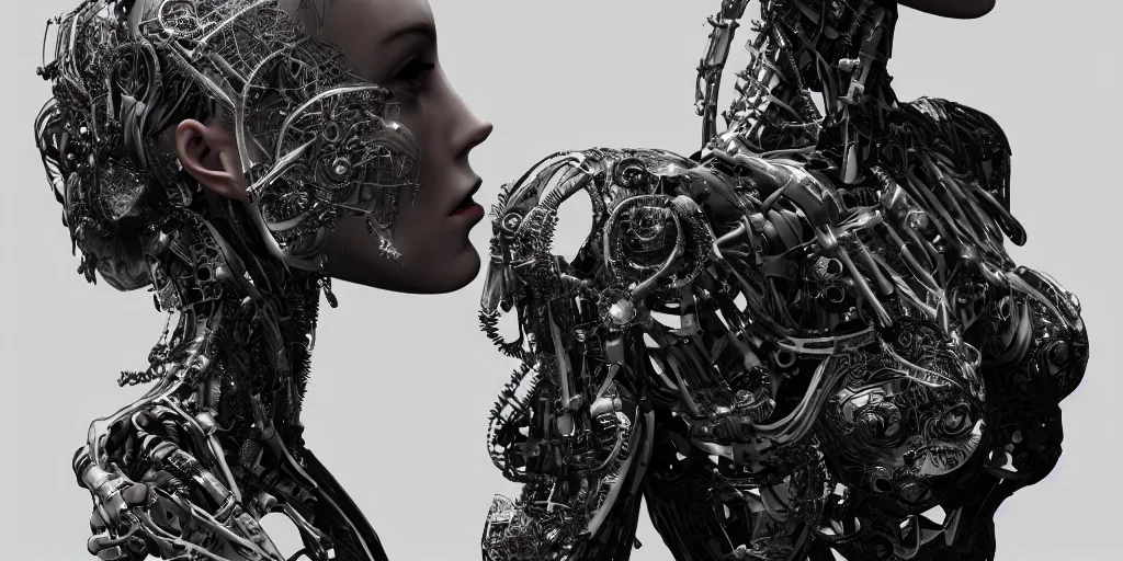 Image similar to photorealistic gorgeous symmetrical female cyborg, holding intimately, holding hands, highly detailed, arms, back, intricate, in the style of westworld, beth cavener, jin kagetsu, wlop, masterpiece, concept art, high key lighting, ambient lighting, octane render, 8 k, artstation