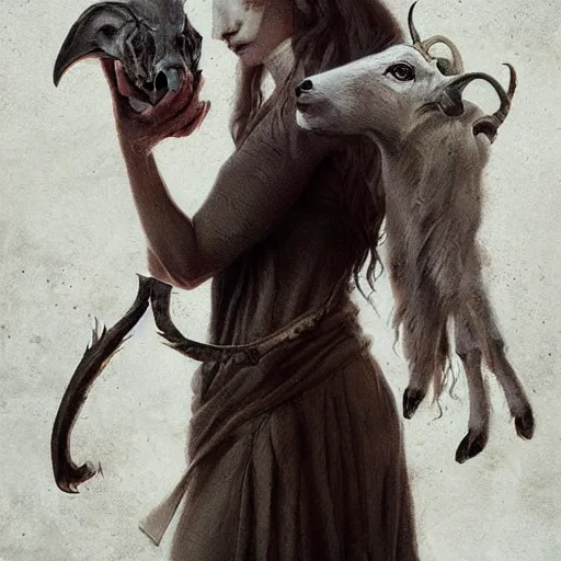 Image similar to woman with goat horns holding an animal skull, style of da vinci, horror, fantasy illustration, by greg rutkowski