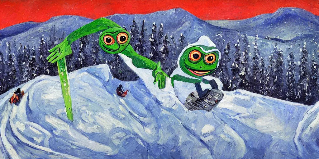 Prompt: sad pepe the frog snowboarding in terrain park, frustration, pain, anger, ramps, half - pipe, gloomy landscape, expressive oil painting by christopher radlund and camille pissaro