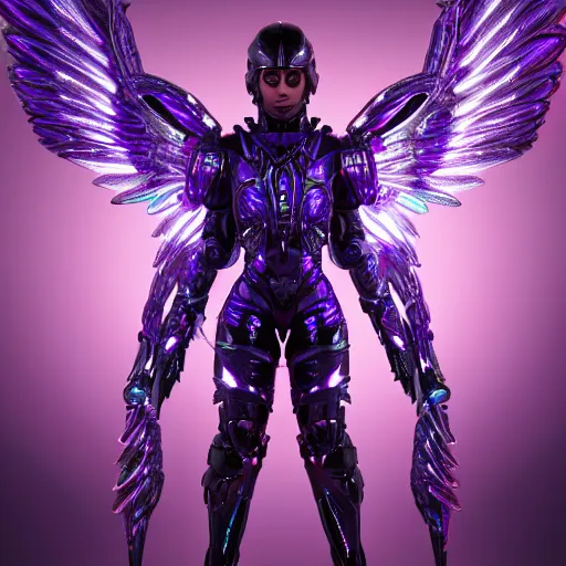 Prompt: a photo of 8k ultra realistic archangel with 6 wings, full body, intricate purple and blue neon armor, ornate, cinematic lighting, trending on artstation, 4k, hyperrealistic, focused, high details, unreal engine 5, cinematic