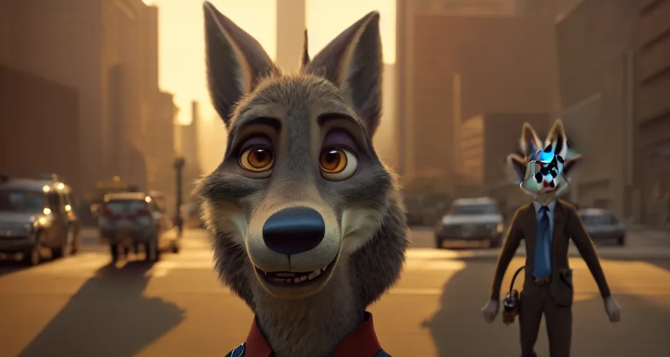 Prompt: a film still from zootopia main character portrait anthro anthropomorphic wolf security guard head animal person fursona pixar disney animation sharp rendered in unreal engine 5 anime key art by greg rutkowski bloom dramatic lighting modeling beginner render