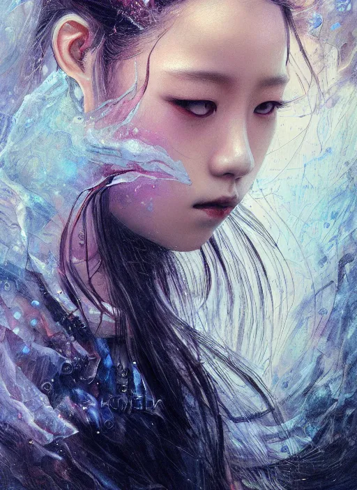 Image similar to jisoo of blackpink, snake, hyperrealistic portrait, perfect body, bladerunner street, by karol bak and agnes cecile, album cover, fantasy art, photo realistic, dynamic lighting, artstation, poster, volumetric lighting, very detailed face, 8 k, award winning