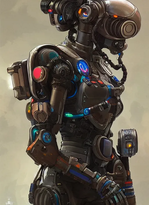 Image similar to cyberpunk pathfinder robot from apex legends character portrait, portrait, concept art, intricate details, highly detailed, vintage sci - fi