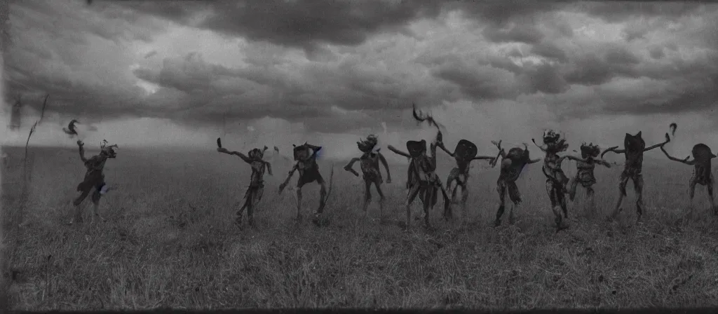 Prompt: 1 3 mm film photograph of a group of clowns in a field holding machetes, liminal, dark, thunderstorm lightning, dark, flash on, blurry, grainy, unsettling