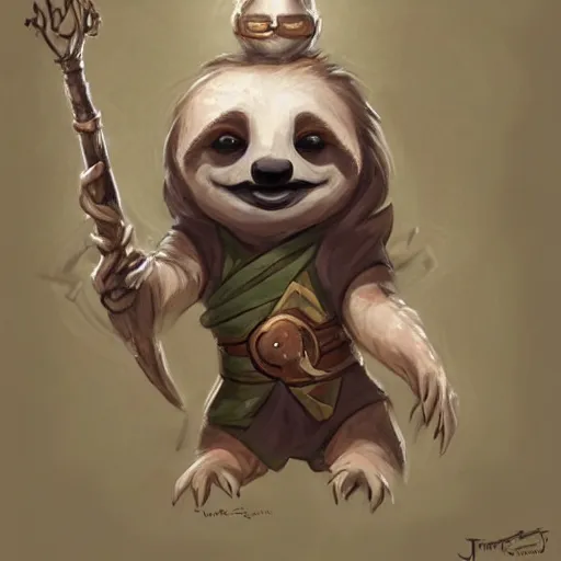 Image similar to cute little anthropomorphic sloth mage, wielding a magic staff, tiny, small, short, wizard robe, cute and adorable, pretty, beautiful, dnd character art portrait, matte fantasy painting, deviantart artstation, by jason felix by steve argyle by tyler jacobson by peter mohrbacher, cinema