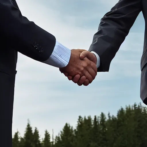 Image similar to Vladimir Putin shaking hands with Walter White, 8k, cinematic, depth of field, dslr,