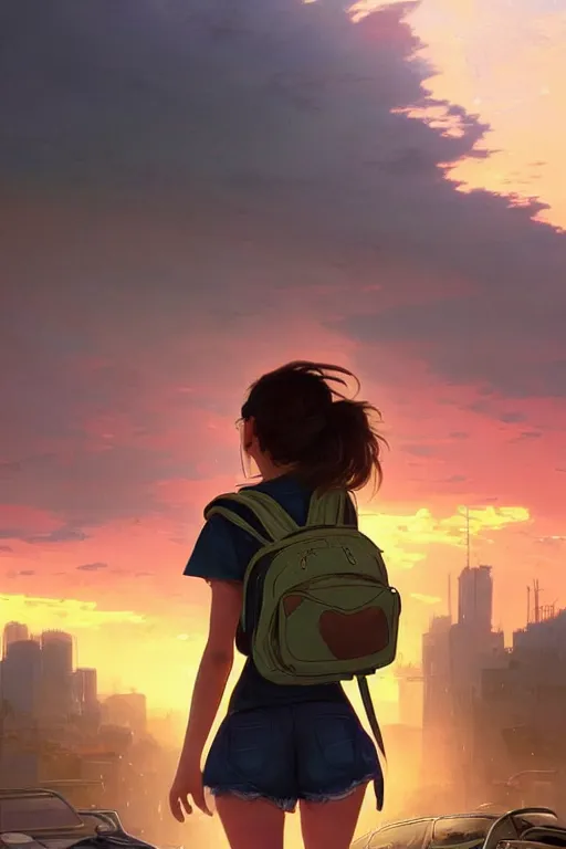 Image similar to beauty teenage girl minishort with backpack looking at food at garbage dump, destroyed cars, city is pure wasteland, moody sunset background, rays of sunlights, ( ( ( rainbow ) ) ), high details, sharp, photorealism, cinematic, greg rutkowski, alphonse mucha, trending on artstation, artgerm, unreal engine, highly detailed