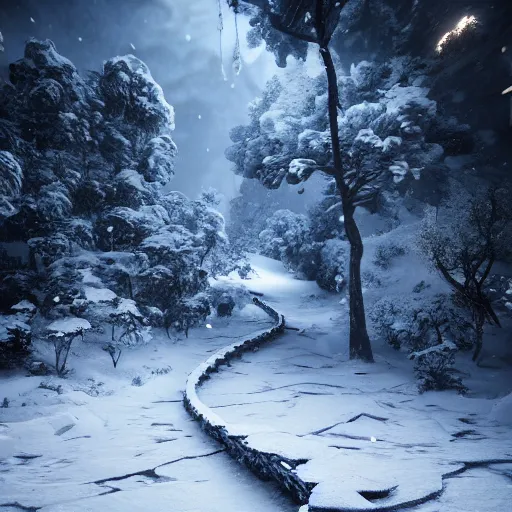 Prompt: a snow dragon on a path in a snowy montain. modern ultra realistic graphics and ray - tracing, atmosphere, octane render, depth of field, unreal engine 5, full of color, trending on artstation, ultra high detail, ultra realistic, cinematic, focused, 8 k