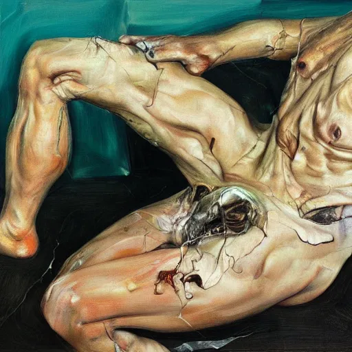 Image similar to high quality high detail painting by lucian freud and jenny saville, hd, dark demonic dancer, turquoise
