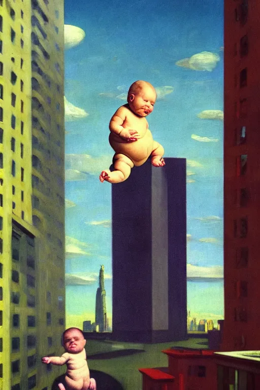 Image similar to evil human giant baby in huggies, grows up to the sky, against the backdrop of destroyed high - rise building, hauntingly surreal, highly detailed painting by francis bacon, edward hopper, adrian ghenie, gerhard richter, and james jean soft light 4 k,