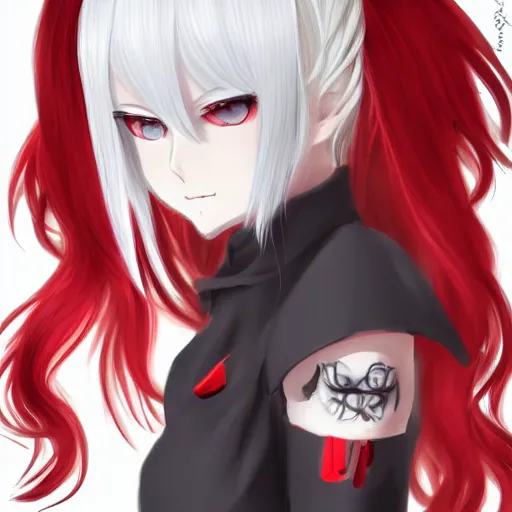 Image similar to white hair, red eyes, two small horn on the head, anime style, anime girl