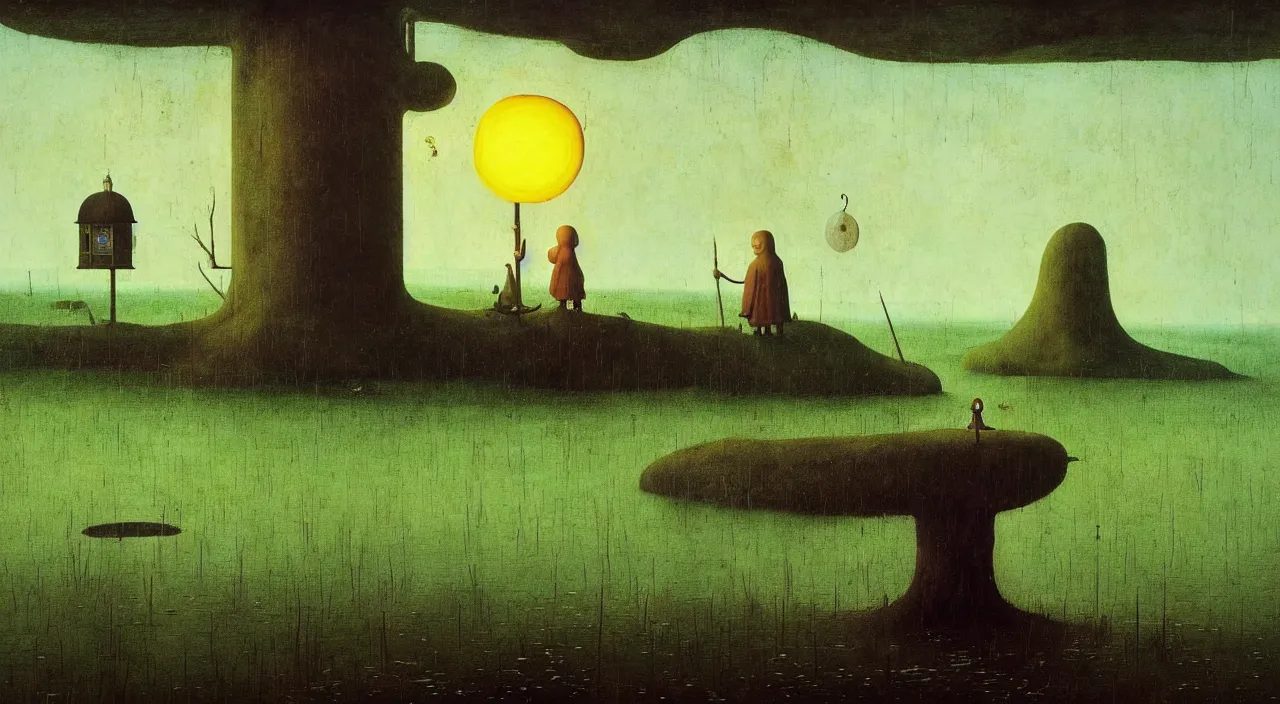 Image similar to single flooded simple!! fungus pole, very coherent and colorful high contrast masterpiece by franz sedlacek hieronymus bosch dean ellis simon stalenhag rene magritte gediminas pranckevicius, dark shadows, sunny day, hard lighting