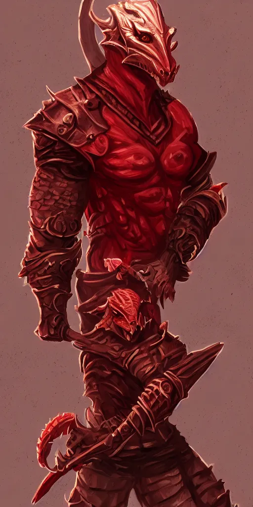 Prompt: red scaled male dragonborn, rogue outfit, muscular, wielding two daggers, fantasy, highly detailed, sharp, digital painting, cell shading