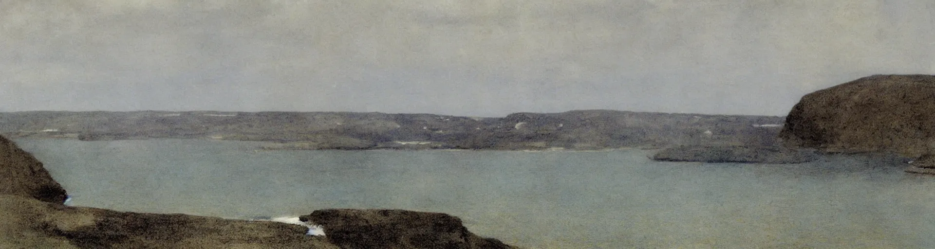 Image similar to black cliffs over water by Fernand Khnopff, matte painting