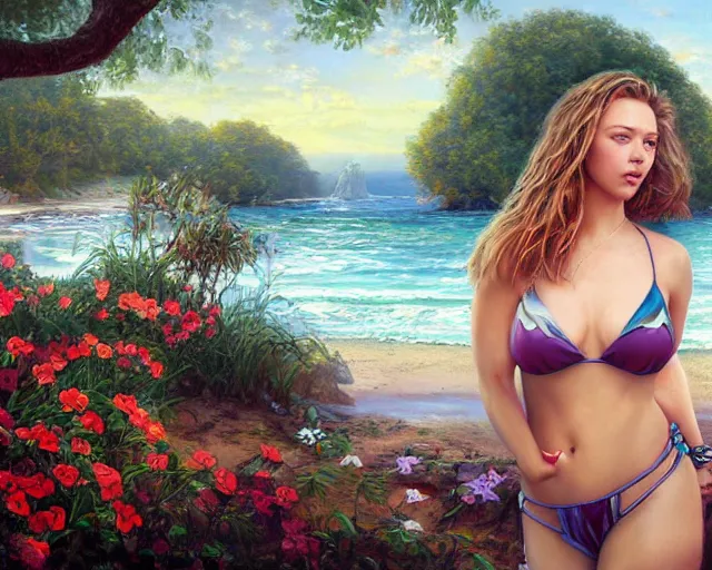 Prompt: portrait of scarlett johannson wearing a bikini at a park, an oil painting by ross tran and thomas kincade