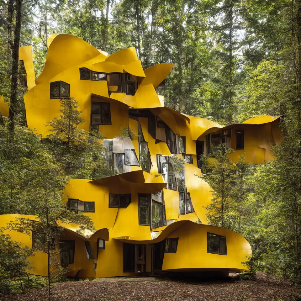 Image similar to architecture ad for a small flat mid-century modern house in the forest, designed by Frank Gehry. Big Tiles. Film grain, cinematic, yellow hue