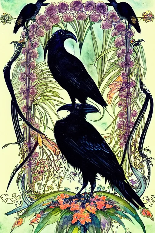 Image similar to single realistic raven in the center of an ornate floral frame, art by kay nielsen and walter crane, illustration style, watercolor