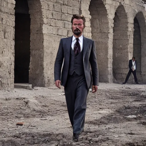 Image similar to kurdish capitalist wearing a suit, dressed smart, in a movie directed by christopher nolan, movie still frame, promotional image, imax 7 0 mm footage