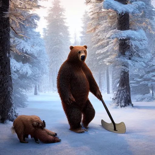 Prompt: brown bear chops wood using axe in hat in winter at streets of Moscow, sharp focus, fantasy style, octane render, volumetric lighting, 8k high definition, by greg rutkowski, highly detailed, trending on art Station