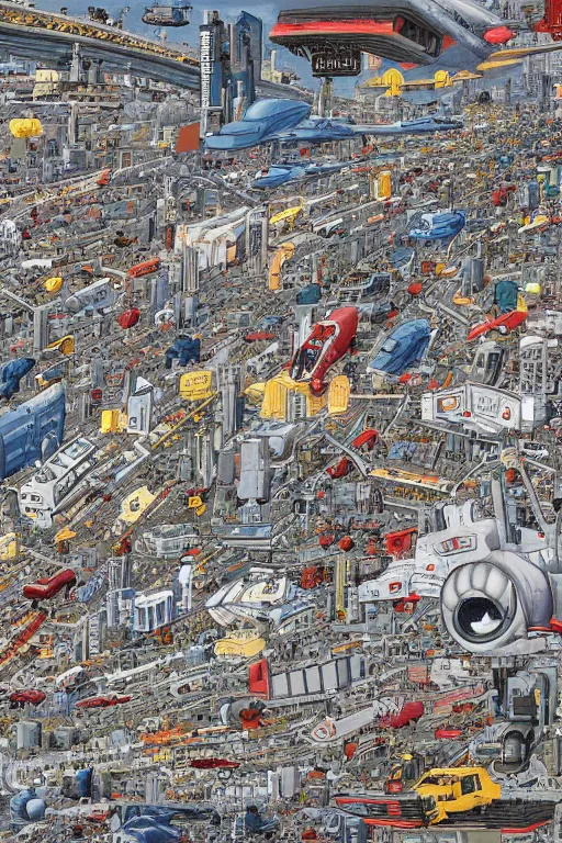 Prompt: it's an anime mural by katsuhiro otomo, it depicts a robotic giant towering over a world's city. below him are rows of cars and roads, while in the sky above are airplanes.