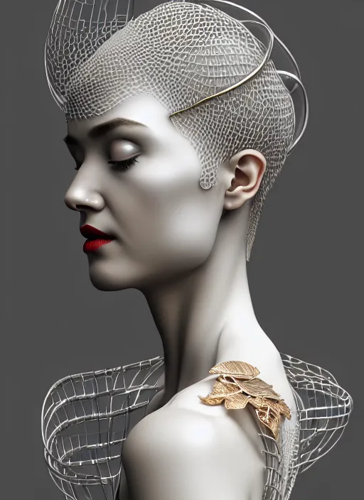 Image similar to complex 3d render ultra detailed of a beautiful porcelain profile woman face, mechanical cyborg, 150 mm, beautiful natural soft light, rim light, silver gold details, magnolia big leaves and stems, roots, fine foliage lace, maze like, mesh wire, intricate details, hyperrealistic, ultra detailed, mandelbrot fractal, anatomical, red lips, white metal neocubism armor, facial muscles, cable wires, microchip, elegant, octane render, H.R. Giger style, 8k