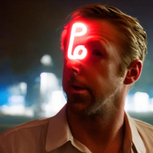 Image similar to Ryan gosling in Drive (2011) holding a baseball bat on his left hand and a goose mask on his right hand, grain, night, illuminated by a street light, atmospheric