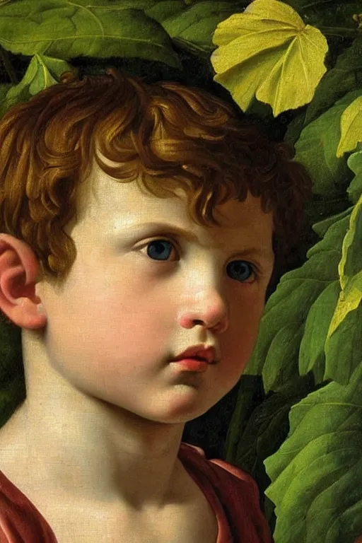 Image similar to renaissance painting of young boy in the garden, closeup, short hair, interest face, emotions closeup, dressed in roman armour, the beautiful garden with birch leaves everywhere, ultra detailed, art by Guido Reni style, Vincenzo Catena style