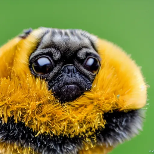 Prompt: bumblebee pug, soft and fluffy, macro photography, high resolution photo